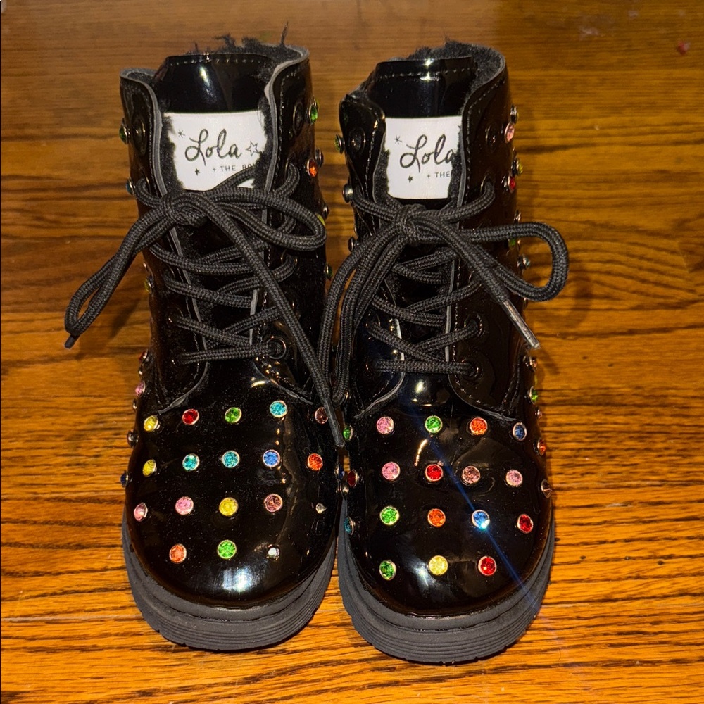 Lola Kids Glossy Black Boots with Colorful Studs